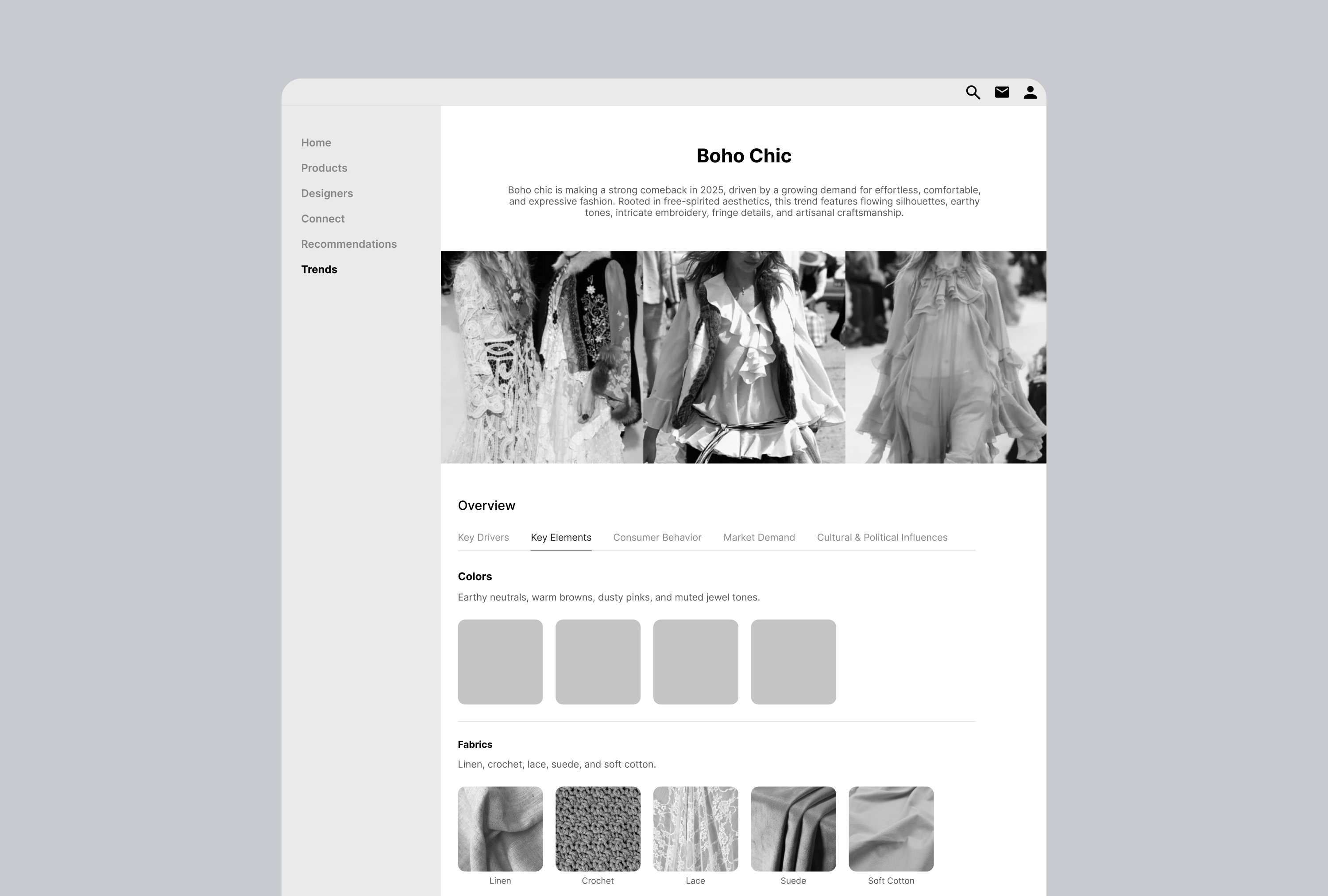 Quick scan concept breaking down the Boho Chic trend into colors, fabrics, patterns, and styles