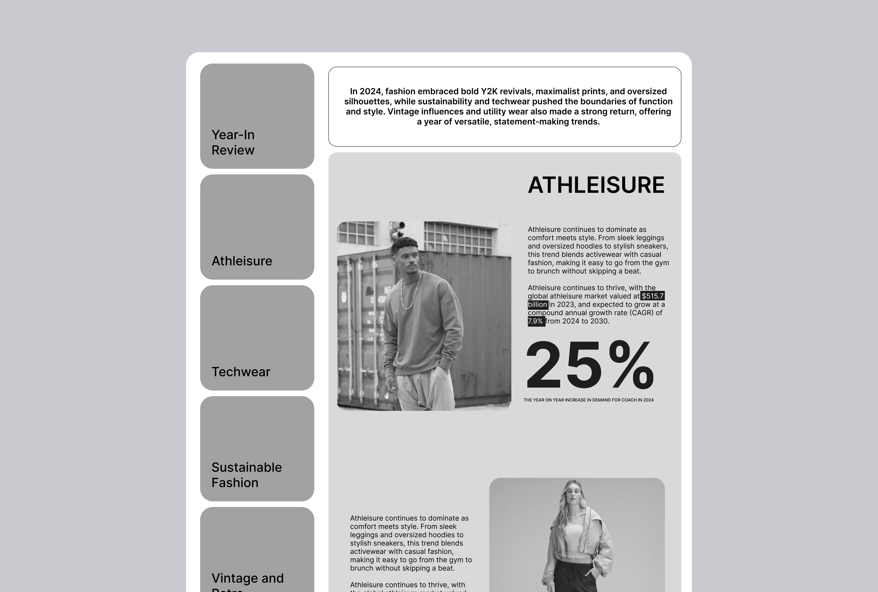 Season report concept laid out as a magazine-style spread covering every trend of the season