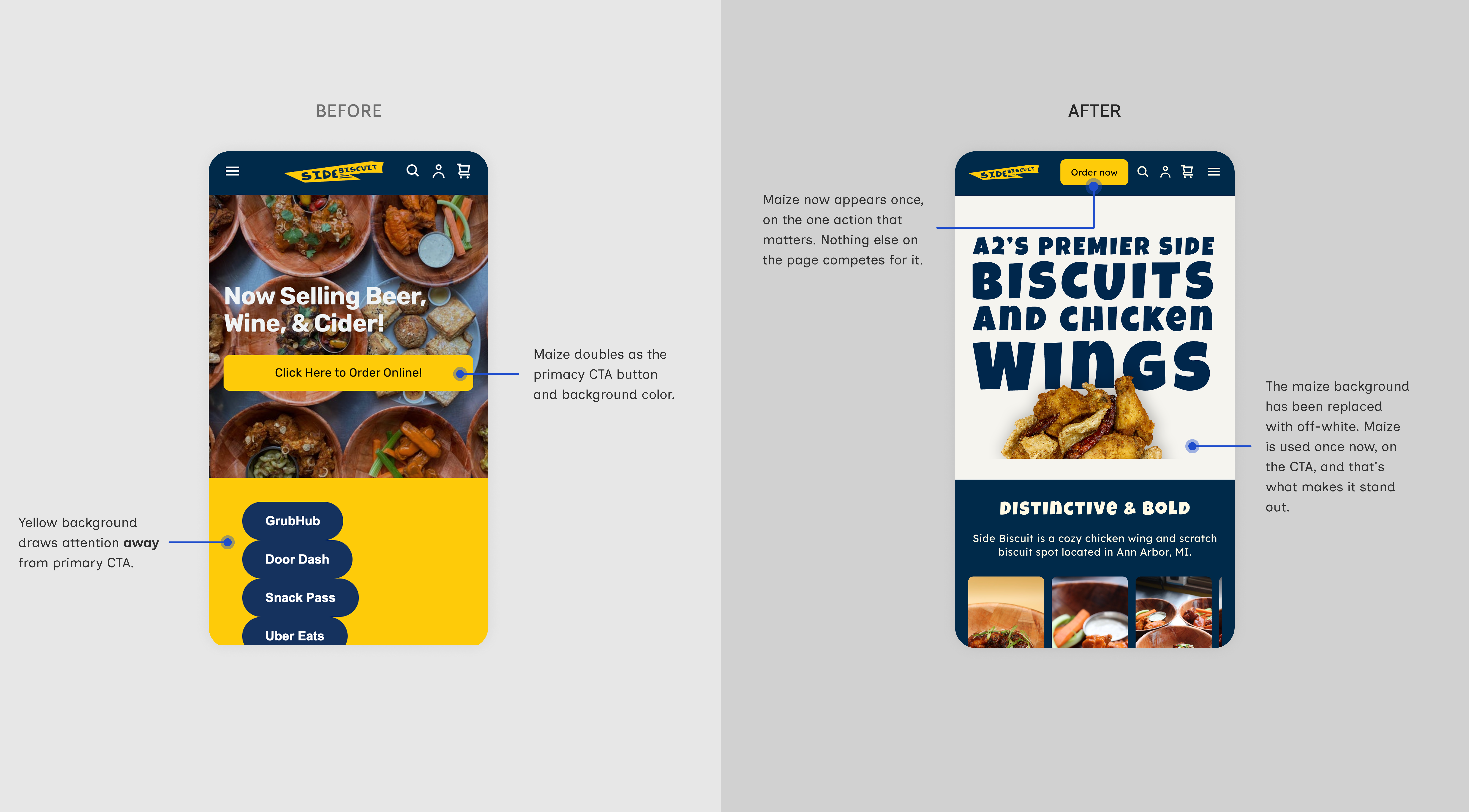 Side Biscuit brand guidelines before and after: maize used throughout the before design versus maize reserved only for the primary CTA in the after design