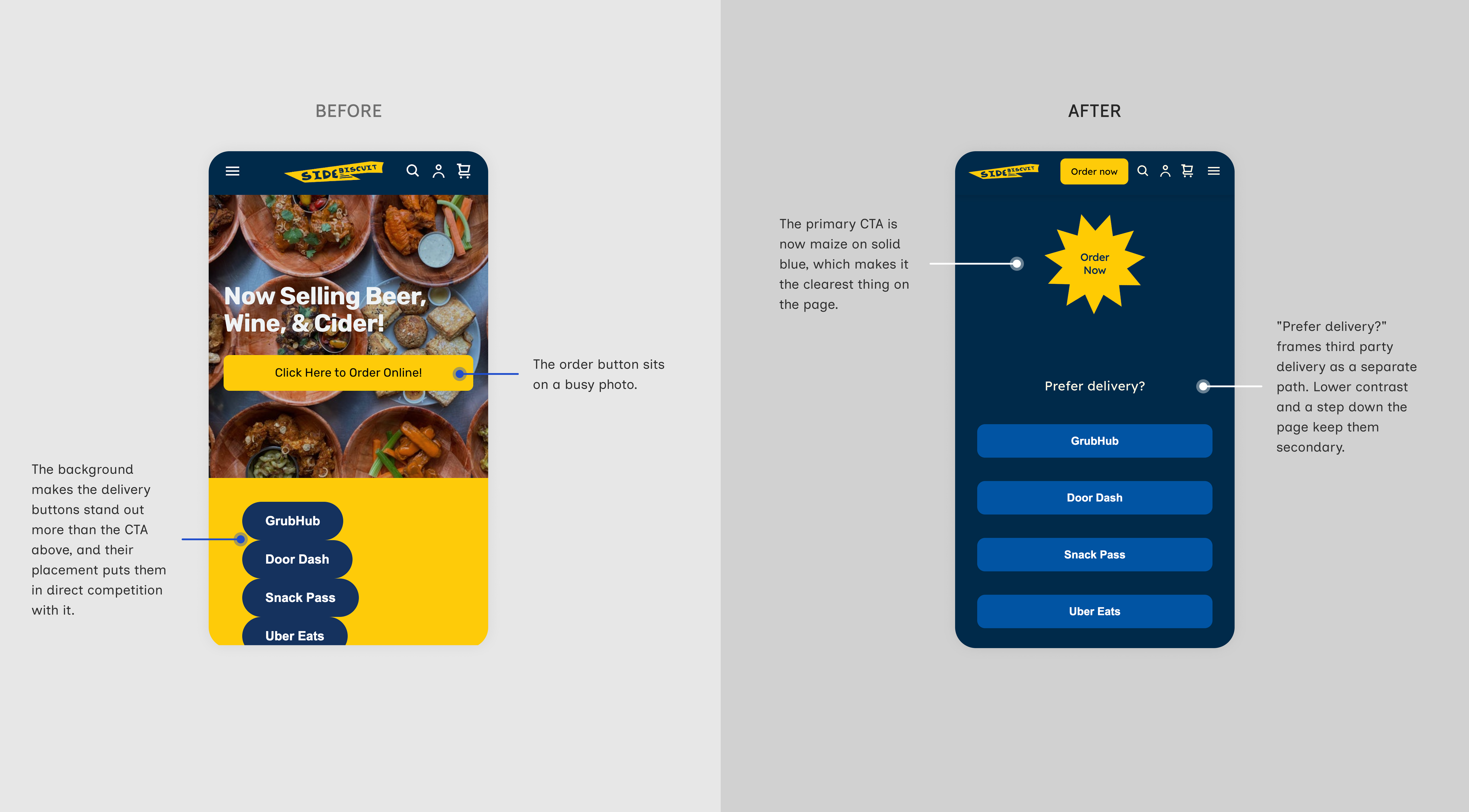 Side Biscuit primary CTA before and after: order button competing with a busy photo and yellow delivery buttons in the before design versus a maize CTA on solid blue with delivery options demoted below a "Prefer delivery?" label in the after design